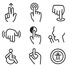 Fototapeta premium Accessibility Gesture Icons. Outline style icons of Accessibility Gestures: two-finger swipe up for screen reader, triple tap zoom
