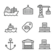Maritime Transport Icons. Outline style icons of Maritime Transport: cargo ship, shipping container, port crane, tugboat, sea