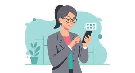 a woman in a suit holding a cell phone