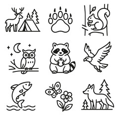 Nature Icons Collection. Outline style icons of Nature Encounters: deer near tent, bear print, squirrel in tree, owl at night,