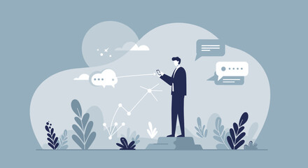 a man in a business suit standing in a garden-like setting, engrossed in his smartphone. Suitable for landing page, banner, marketing, web design, presentation, infographic, etc.