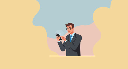 a man in a suit and glasses standing and looking at his smartphone, with a light background. Suitable for landing page, banner, marketing, web design, presentation, infographic, etc.