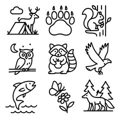 Fototapeta premium Nature Icons Collection. Outline style icons of Nature Encounters: deer near tent, bear print, squirrel in tree, owl at night,