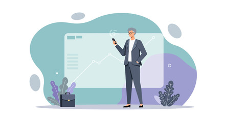 a man in a suit standing next to a large screen with a line graph on it