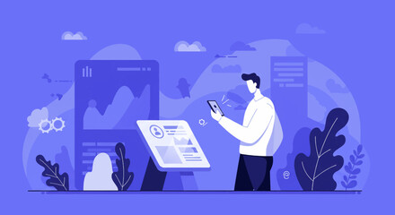 a man in a white shirt is looking at a tablet with a blue background and a purple background