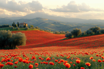 Field of red flowers blooming in the countryside.