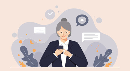 an elderly woman using a smartphone, surrounded by icons and text elements, with a plant-like background. Suitable for landing page, banner, marketing, web design, presentation, infographic, etc.