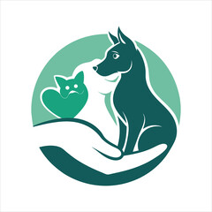 Pet Care Logo with Hand, Dog, and Cat Icon