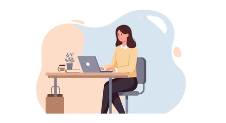 A woman is seated at a desk, focused on her laptop, with a plant beside her and a mug on the desk. Suitable for landing page, banner, marketing, web design, presentation, infographic, etc.