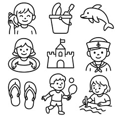 Children's Ocean Icons. Outline style icons of Children and Ocean Themes: child with seashell, beach bucket icon, dolphin toy,