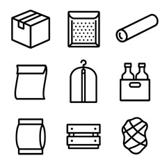 Packaging Icons. Outline style icons of Packaging Types: cardboard box, padded envelope, shipping tube, poly mailer, garment bag,