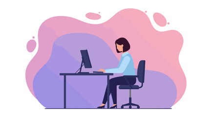 A woman is seated at a desk, focused on her work on a computer, with a casual yet professional appearance. Suitable for landing page, banner, marketing, web design, presentation, infographic, etc.