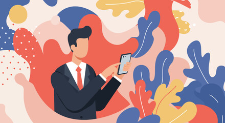 a man in a suit holding a smartphone, surrounded by abstract, colorful shapes and patterns. Suitable for landing page, banner, marketing, web design, presentation, infographic, etc.
