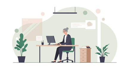 A professional woman works diligently at her computer on a modern office desk, surrounded by plants and abstract digital elements.