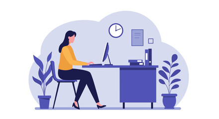 A woman is seated at a desk, working on a computer with a clock on the wall above her. Suitable for landing page, banner, marketing, web design, presentation, infographic, etc.