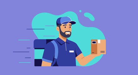A swift delivery courier, depicted in a modern flat design illustration, quickly transports a package, ideal for e-commerce and marketing banners.