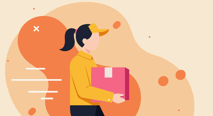 A professional female delivery person in a yellow uniform holds a pink package, symbolizing efficient online shopping and express delivery services in a modern flat design.
