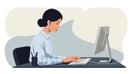 a woman sitting at a desk, focused on using a computer with a keyboard and monitor in front of her. Suitable for landing page, banner, marketing, web design, presentation, infographic, etc.