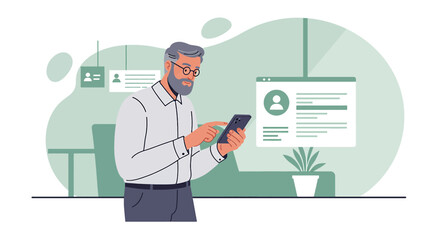 a man using his phone while standing in front of a desk