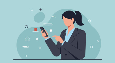 a woman in a business suit using a smartphone, surrounded by abstract geometric shapes and symbols. Suitable for landing page, banner, marketing, web design, presentation, infographic, etc.