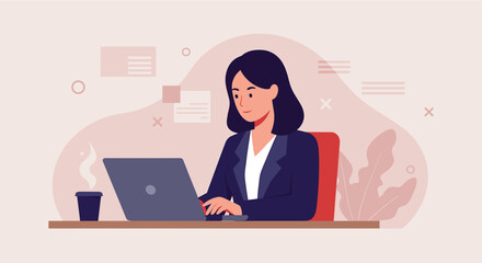 a woman seated at a desk, engrossed in work on a laptop, with a cup of coffee beside her. Suitable for landing page, banner, marketing, web design, presentation, infographic, etc.