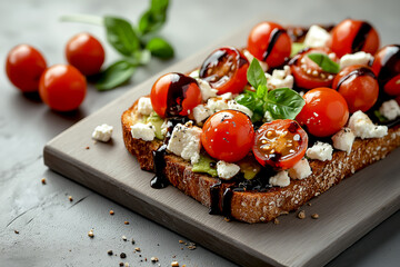 Delicious open-faced sandwich topped with fresh cherry tomatoes, creamy feta cheese, and basil leaves, drizzled with balsamic glaze on a wooden board, showcasing vibrant colors and appetizing textures