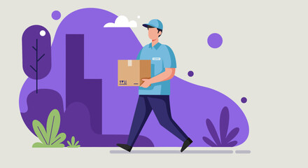 A delivery man is walking while carrying a cardboard box, showcasing a modern flat design illustration suitable for a website landing page or marketing banner.