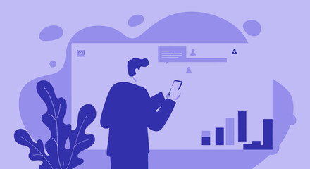 a man in a blue suit holding a smartphone, seemingly engaged with a chat interface on a large screen. Suitable for landing page, banner, marketing, web design, presentation, infographic, etc.