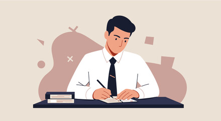 A businessman is sitting at his desk, writing in a notebook, in a flat design style, perfect for presentations, landing pages, banners, marketing materials, and web design projects.