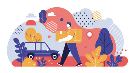 A delivery person with a box walks towards a car, illustrated in a flat design style with abstract shapes and a vibrant color palette, perfect for marketing materials.