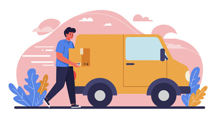 A delivery service worker in a casual illustration style is carrying a package to a yellow van, ideal for a landing page or marketing banner, with a clean design.