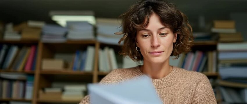 Woman reading in a cozy library setting with intent focus and thoughtful expression