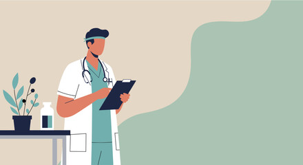 A doctor in a white coat and stethoscope stands with a clipboard, ready to assist patients, suitable for a medical clinic landing page or healthcare banner.