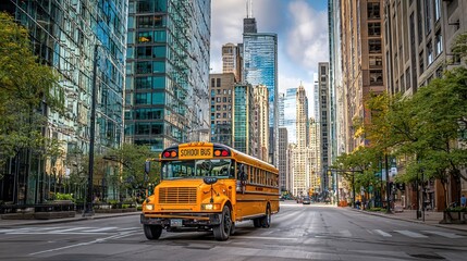 Fototapeta premium Yellow school buses in different urban and school settings. AI generated image