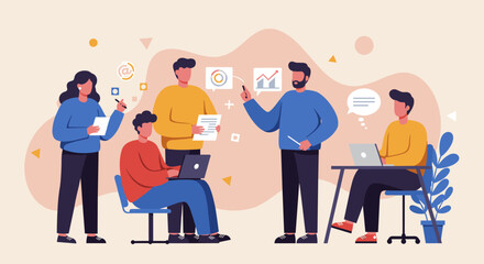 Modern flat design illustration of a diverse team collaborating on a digital marketing project, ideal for web design and presentations.