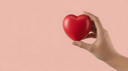 Fototapeta premium A gentle hand holds a vibrant red heart against a soft pink backdrop, symbolizing love, health, and heartfelt emotions.