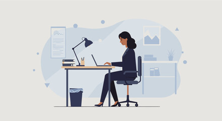 Fototapeta premium a woman sitting at a desk, working on a laptop with various office supplies and a plant in the background. Suitable for landing page, banner, marketing, web design, presentation, infographic, etc.