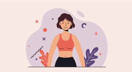 a woman with a radiant smile, wearing a sports bra and shorts. Suitable for landing page, banner, marketing, web design, presentation, infographic, etc.