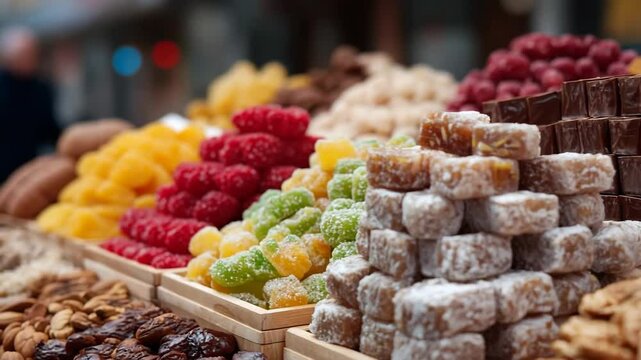 Vibrant outdoor market displaying assorted colorful sweets and nuts in wooden trays