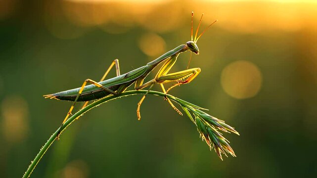 Praying mantis perched on grass, sunlight background Green, brown, and gold tones Sharp detail, nature close-up