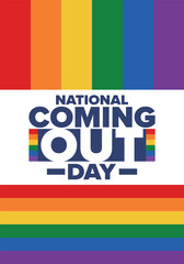 National Coming Out Day. Happy holiday. Pride month. LGBT rainbow flag. Diversity and equality. Gay and lesbian. Free love, heart shape. Illustration. Vector poster