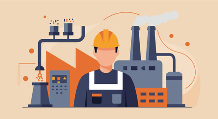 A flat design illustration showcasing a factory worker in a modern industrial setting, perfect for presentations and marketing materials with a focus on manufacturing and industry.