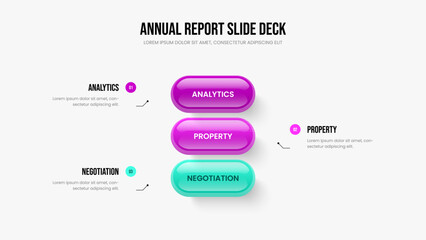 Digital Report 3 Step Infographic Slideshow Layout. Investor Showcase Slide Template Vector Illustration. Visual Portfolio Three Element Diagram Frame Design.