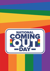 National Coming Out Day. Happy holiday. Pride month. LGBT rainbow flag. Diversity and equality. Gay and lesbian. Free love, heart shape. Illustration. Vector poster