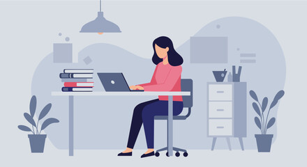 A young woman is working on her laptop at her desk in a modern, minimalist home office, perfect for a landing page or marketing banner design.
