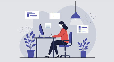 Modern flat design illustration of a person working at a desk with a computer, creating a digital presentation or marketing material.