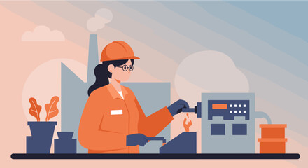 a woman in an orange jumpsuit and hard hat working at a machine, with industrial elements in the background. Suitable for landing page, banner, marketing, web design, presentation, infographic, etc.