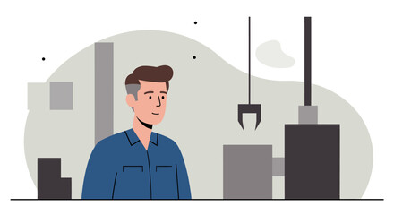 A modern flat design illustration features a worker overseeing the automated manufacturing process, ideal for a technology or industry-focused landing page or banner.