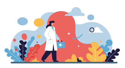 a doctor in a white coat walking amidst a colorful, abstract landscape with plants and clouds. Suitable for landing page, banner, marketing, web design, presentation, infographic, etc.