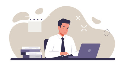 A professional man in a flat design illustration is diligently working on his laptop at a desk, representing modern office productivity.